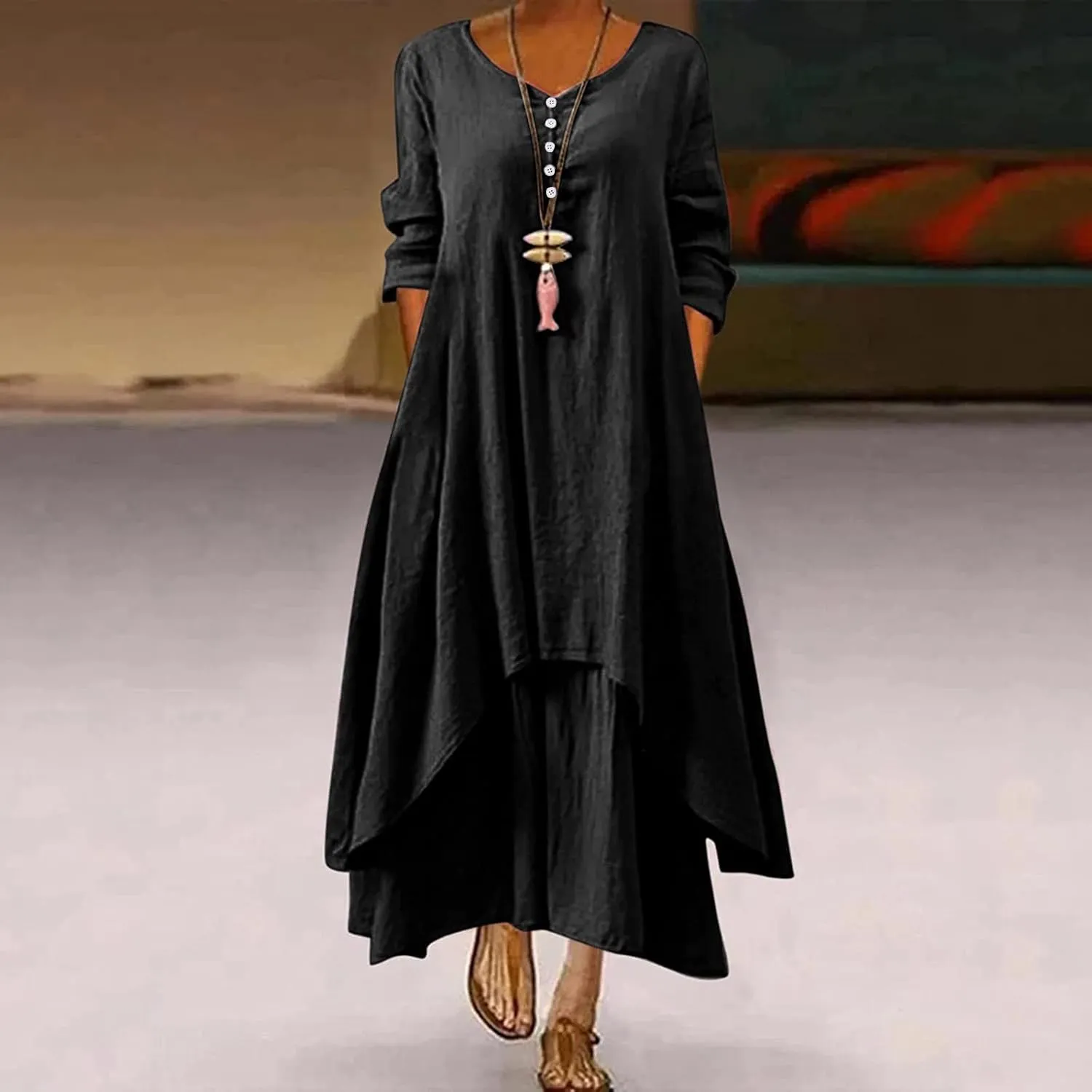 Women Linen Half Sleeve Long Dress Casual A Line Swing Maxi Dress Fashion Vintage Boho Button V Neck Tiered Dress