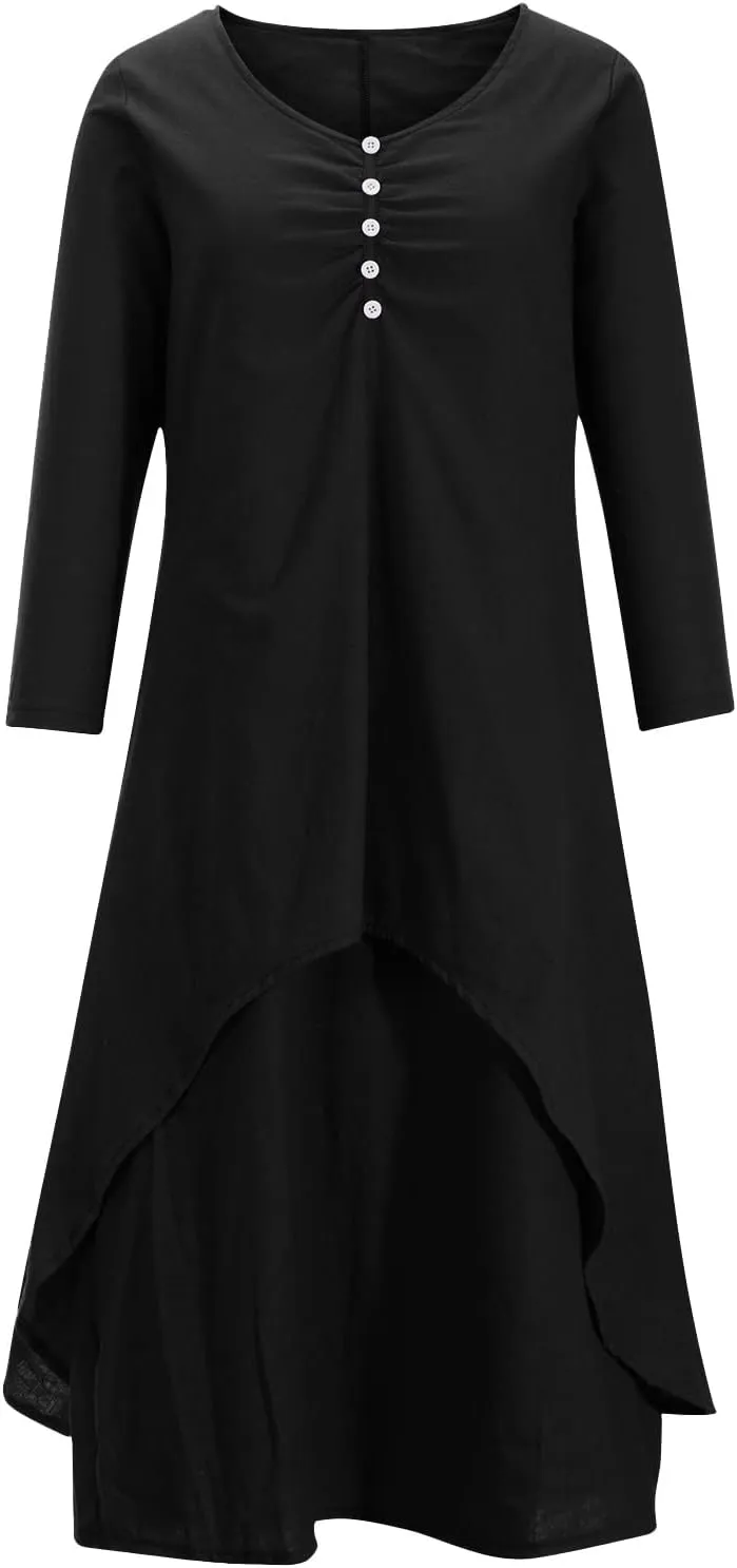 Women Linen Half Sleeve Long Dress Casual A Line Swing Maxi Dress Fashion Vintage Boho Button V Neck Tiered Dress
