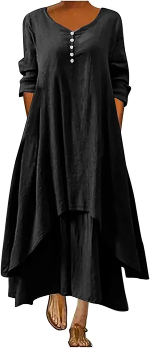 Women Linen Half Sleeve Long Dress Casual A Line Swing Maxi Dress Fashion Vintage Boho Button V Neck Tiered Dress