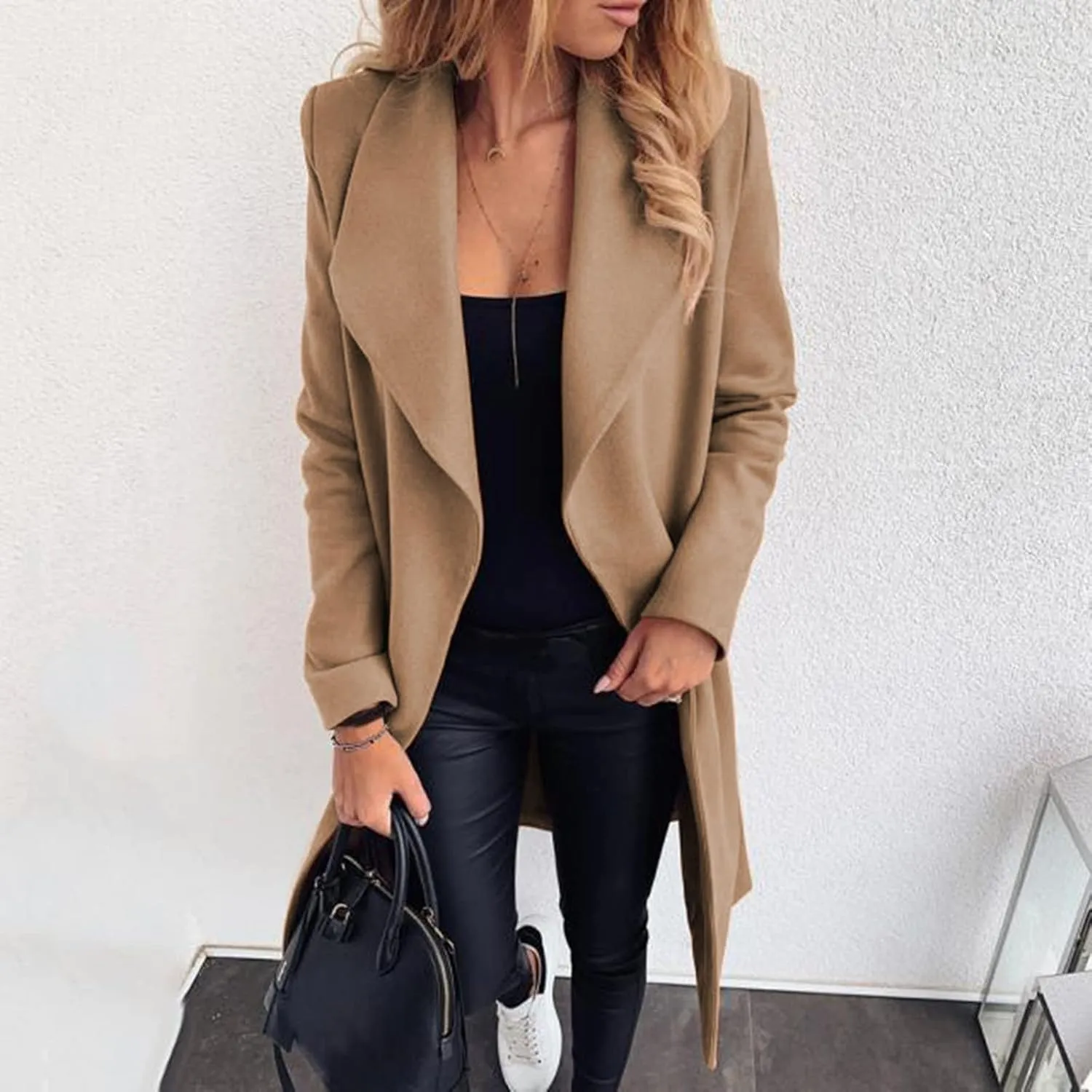 Women Trench Coat 2023 Solid Color Open Front Lapel Outerwear Coat Slim Fit Casual Jacket Fashion Winter Cardigan Tops