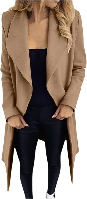 Women Trench Coat 2023 Solid Color Open Front Lapel Outerwear Coat Slim Fit Casual Jacket Fashion Winter Cardigan Tops