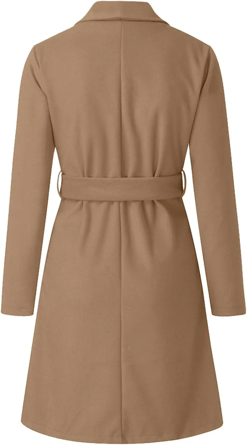 Women Trench Coat 2023 Solid Color Open Front Lapel Outerwear Coat Slim Fit Casual Jacket Fashion Winter Cardigan Tops