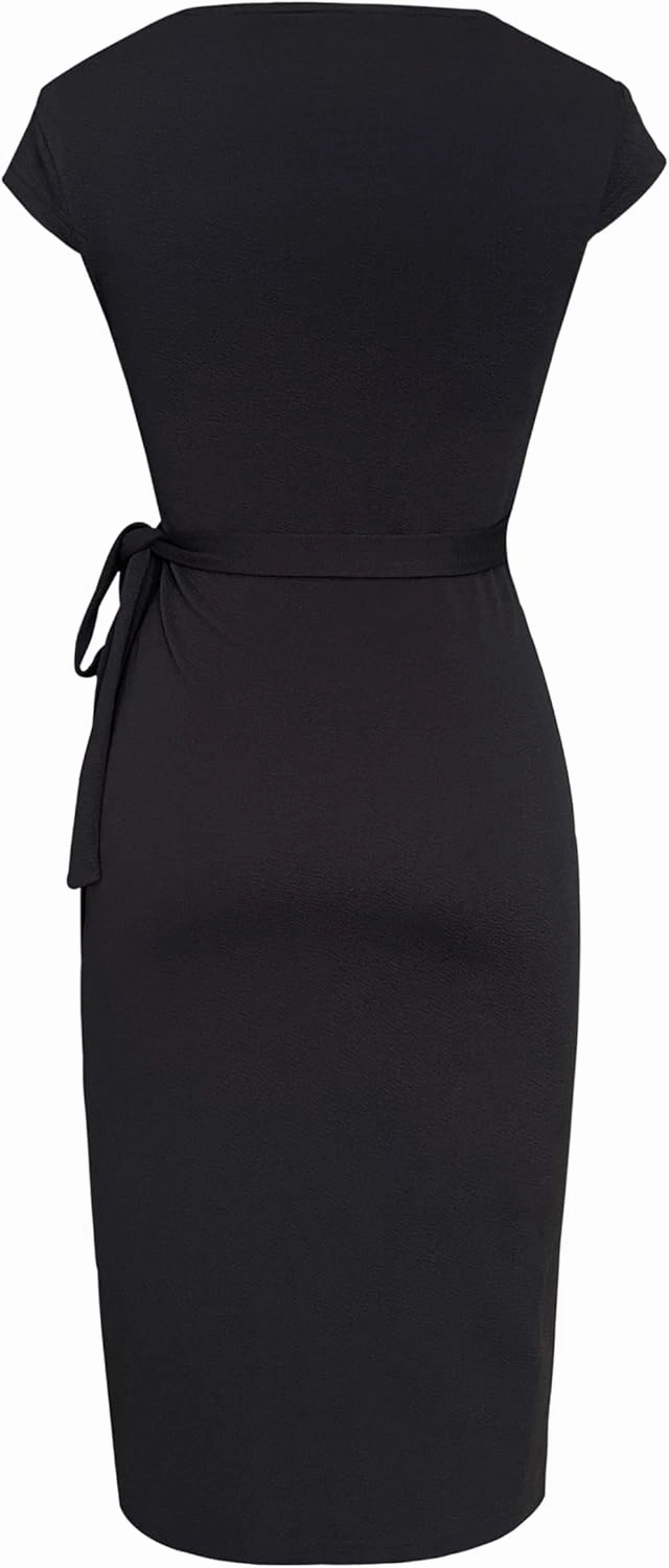 Women's Vintage Cap Sleeves Asymmetrical Neckline Sheath Bodycon Casual Work Cocktail Party Pencil Faux Wrap Dresses