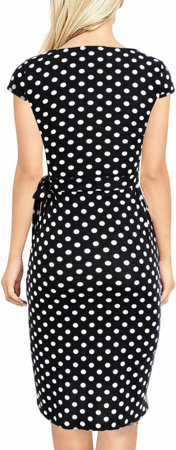Women's Vintage Cap Sleeves Asymmetrical Neckline Sheath Bodycon Casual Work Cocktail Party Pencil Faux Wrap Dresses