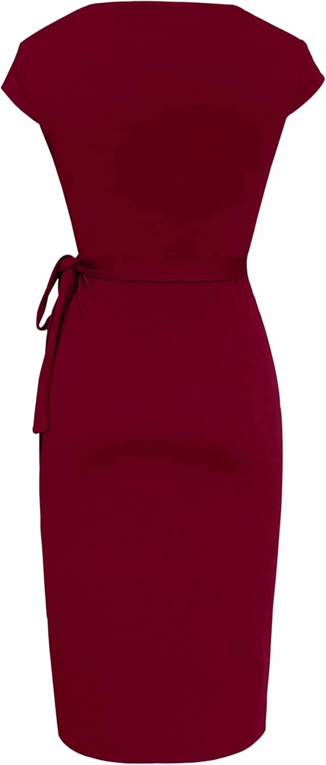 Women's Vintage Cap Sleeves Asymmetrical Neckline Sheath Bodycon Casual Work Cocktail Party Pencil Faux Wrap Dresses