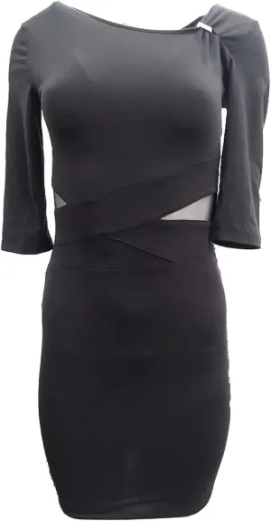 Womens Black Opaque See Through Pencil Body Con Dress XS
