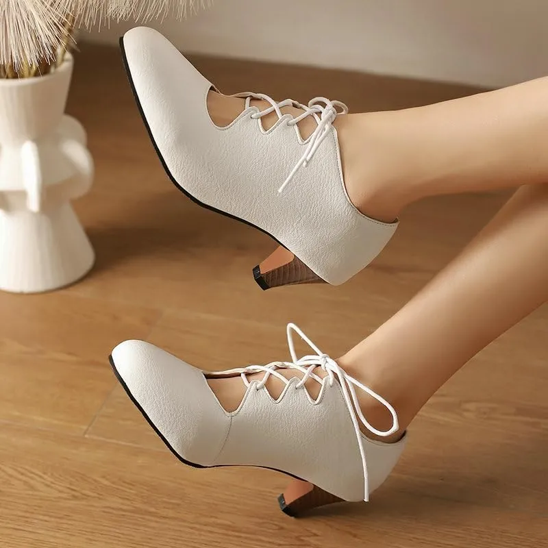 Women's Brogue Oxford Shoes Retro Wingtip Saddle Platform Pumps Lace Up Outdoor Footwear