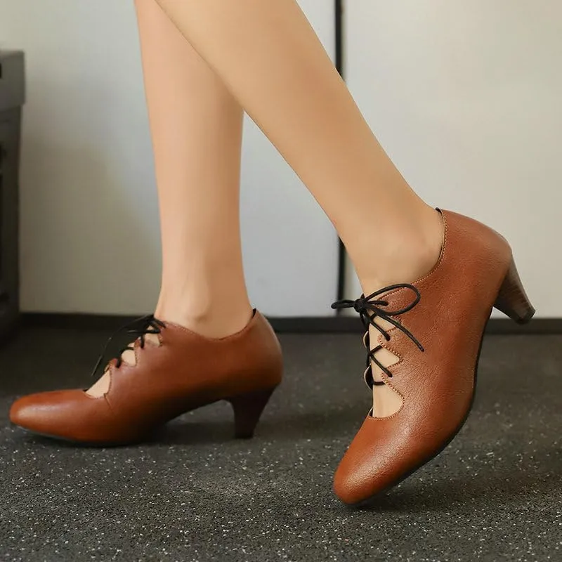 Women's Brogue Oxford Shoes Retro Wingtip Saddle Platform Pumps Lace Up Outdoor Footwear
