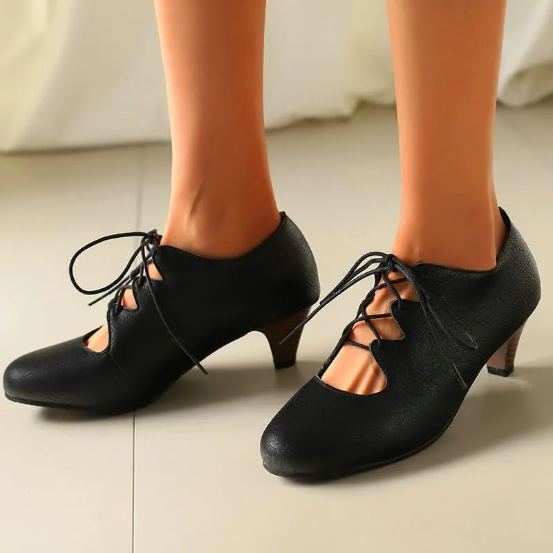Women's Brogue Oxford Shoes Retro Wingtip Saddle Platform Pumps Lace Up Outdoor Footwear