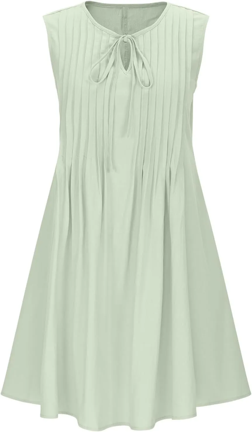 Women's Cotton Linen Summer Casual Dresses Round Neck Sleeveless Midi Dress with Pockets Comfy Daily Wear Sundresses