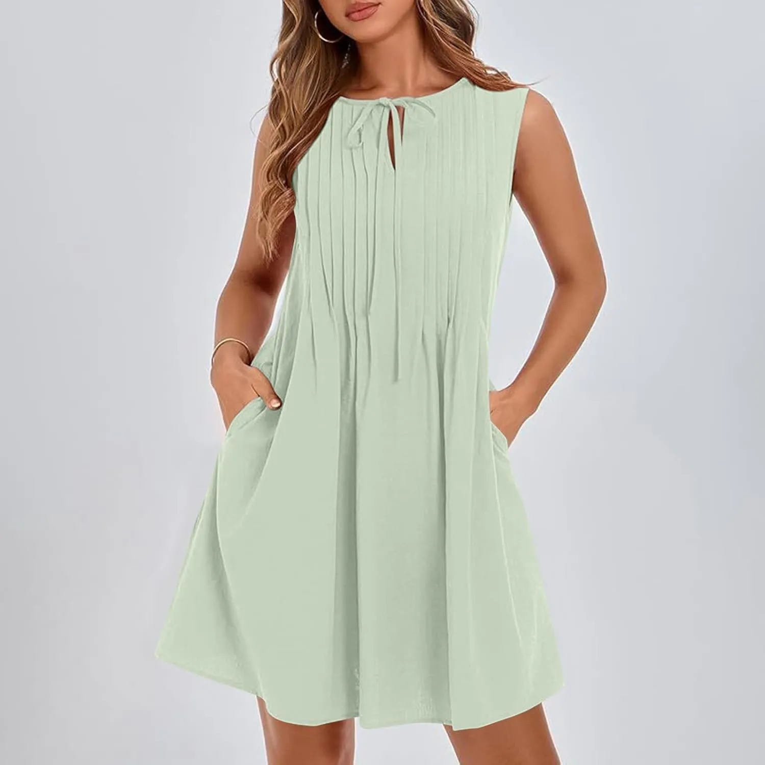 Women's Cotton Linen Summer Casual Dresses Round Neck Sleeveless Midi Dress with Pockets Comfy Daily Wear Sundresses