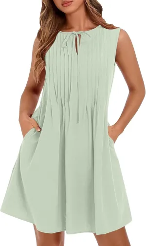 Women's Cotton Linen Summer Casual Dresses Round Neck Sleeveless Midi Dress with Pockets Comfy Daily Wear Sundresses