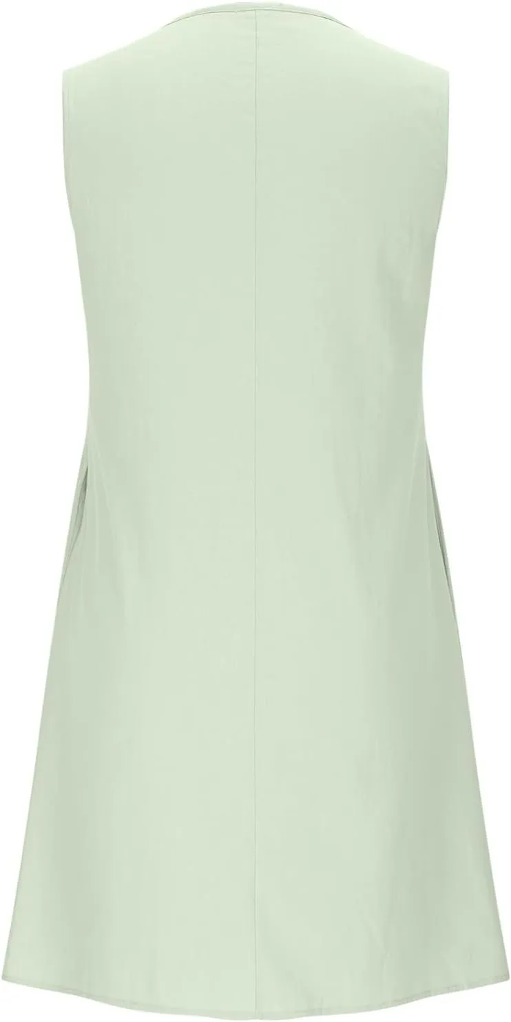 Women's Cotton Linen Summer Casual Dresses Round Neck Sleeveless Midi Dress with Pockets Comfy Daily Wear Sundresses