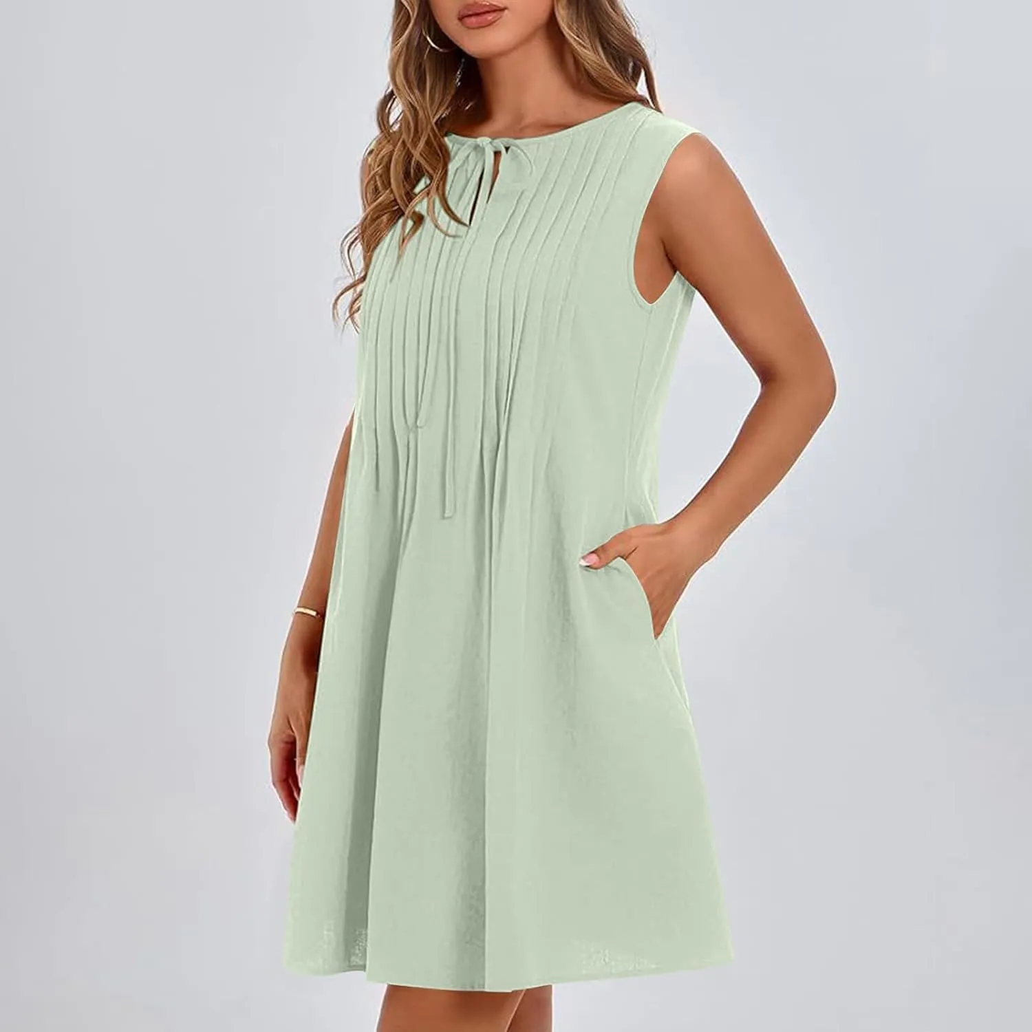 Women's Cotton Linen Summer Casual Dresses Round Neck Sleeveless Midi Dress with Pockets Comfy Daily Wear Sundresses