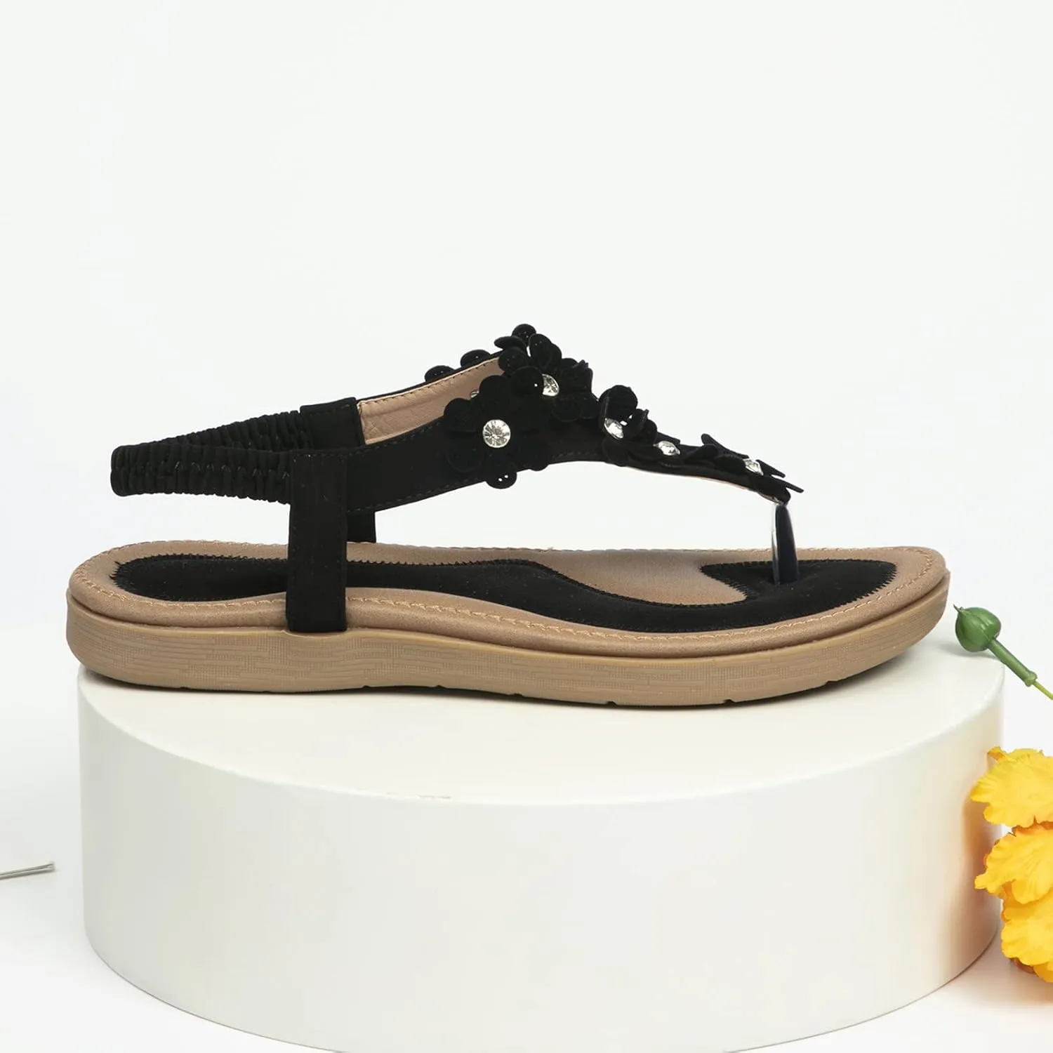 Women's Flat Sandals Summer Bohemia Floral Sandals Elastic Casual Comfortable Dress Shoes Ankle Strap Slides