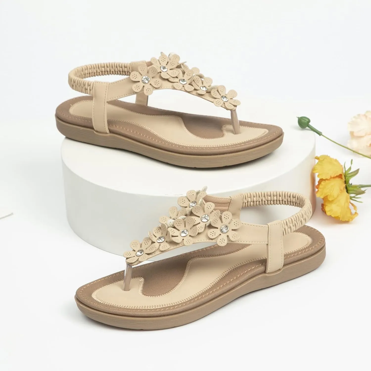 Women's Flat Sandals Summer Bohemia Floral Sandals Elastic Casual Comfortable Dress Shoes Ankle Strap Slides