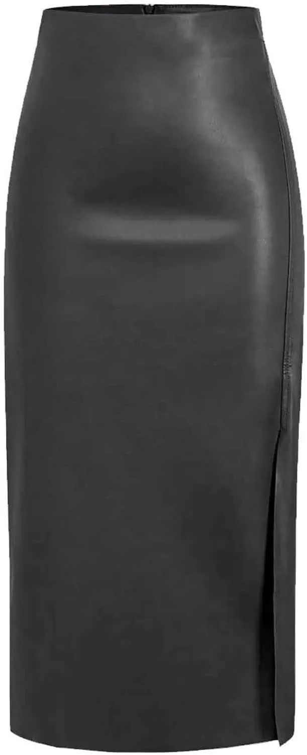 Womens Long Faux Leather Side Slit Skirt Solid Color Bodycon High Waist Slim Pencil Midi Skirt 2025 Trendy