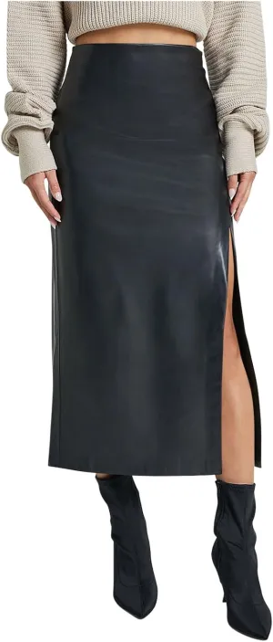 Womens Long Faux Leather Side Slit Skirt Solid Color Bodycon High Waist Slim Pencil Midi Skirt 2025 Trendy