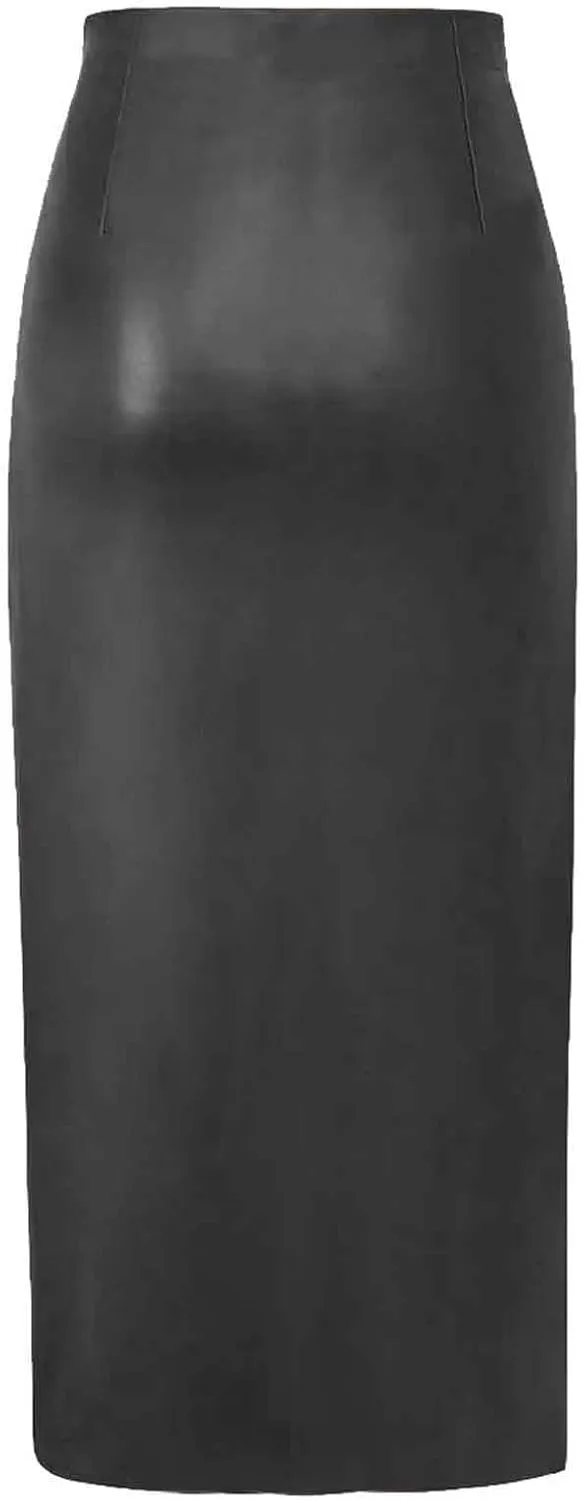 Womens Long Faux Leather Side Slit Skirt Solid Color Bodycon High Waist Slim Pencil Midi Skirt 2025 Trendy