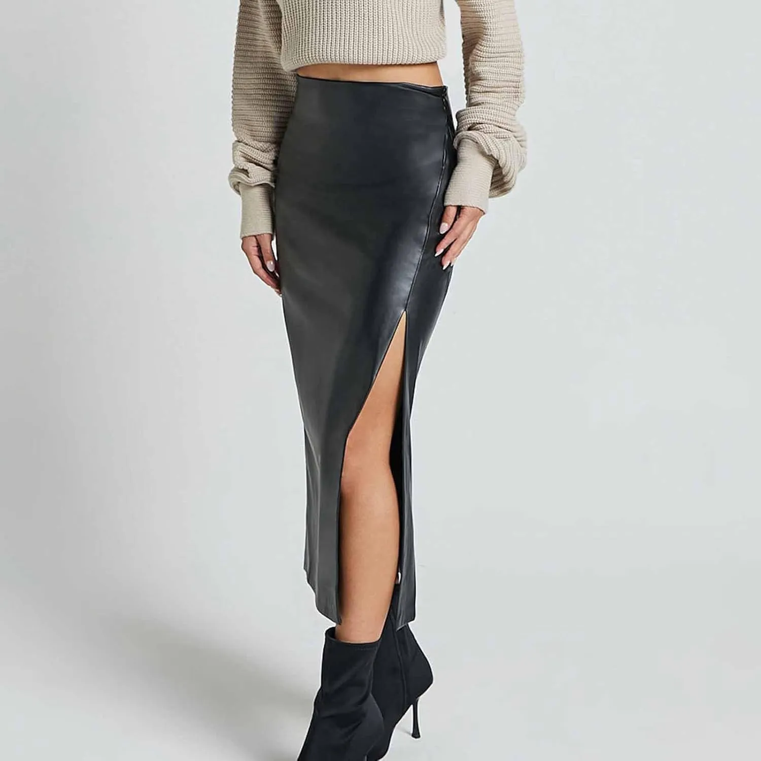 Womens Long Faux Leather Side Slit Skirt Solid Color Bodycon High Waist Slim Pencil Midi Skirt 2025 Trendy