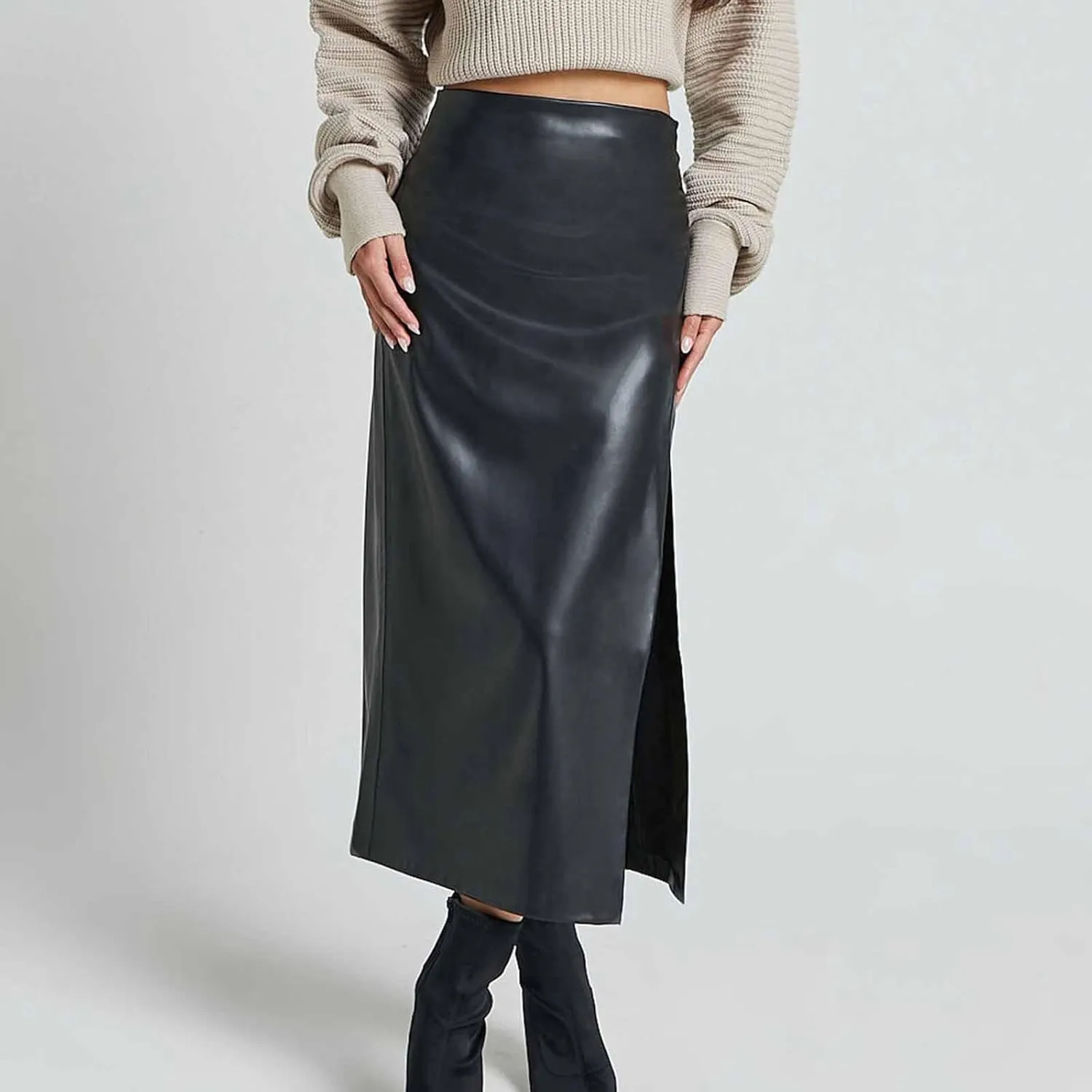 Womens Long Faux Leather Side Slit Skirt Solid Color Bodycon High Waist Slim Pencil Midi Skirt 2025 Trendy