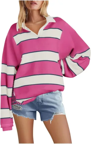 Womens Oversized Striped Swearshirt V Neck Color Block Tops Teen Girls Y2K Clothes Trendy Preppy Outfits Fall Shirts
