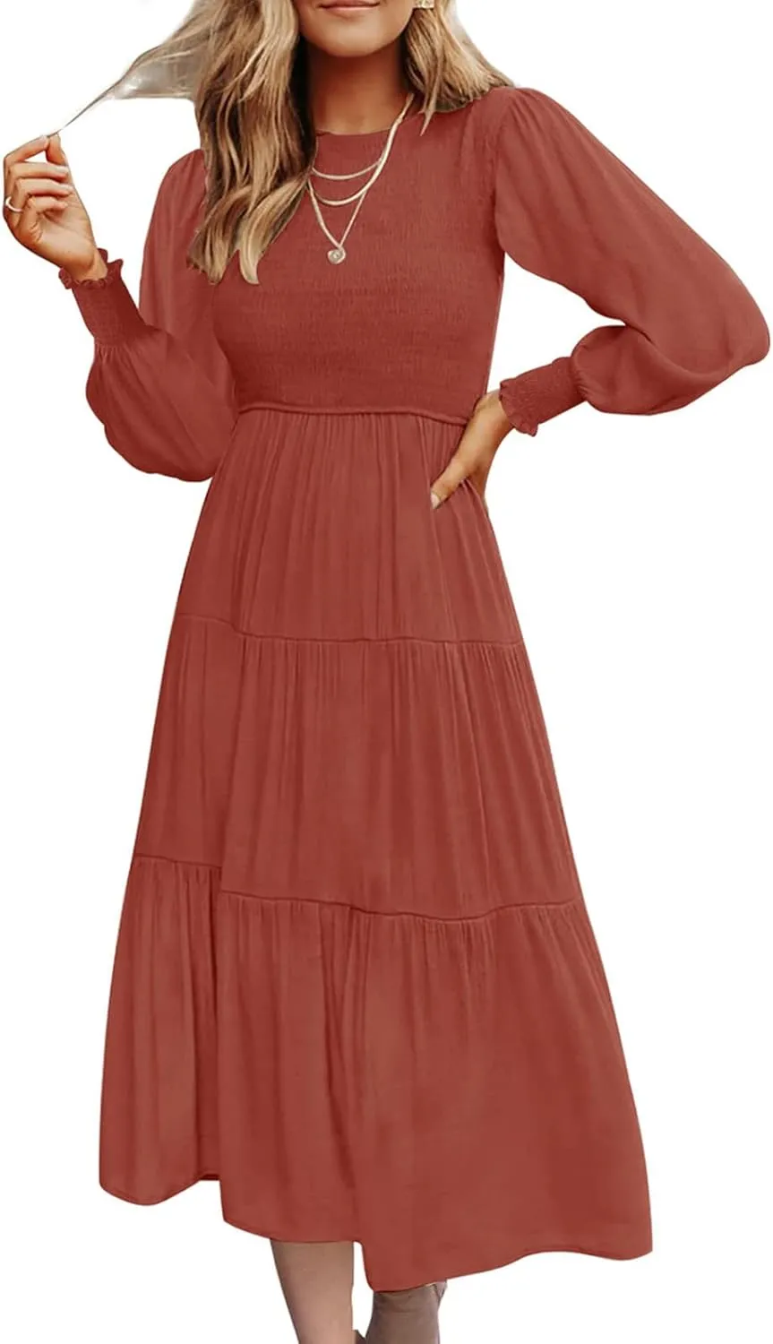 Women's Plus Size Dresses Casual 2024 Pleated a Line Swing Dress Empire Waist Long Sleeve Flowy Holiday Maxi Dresses