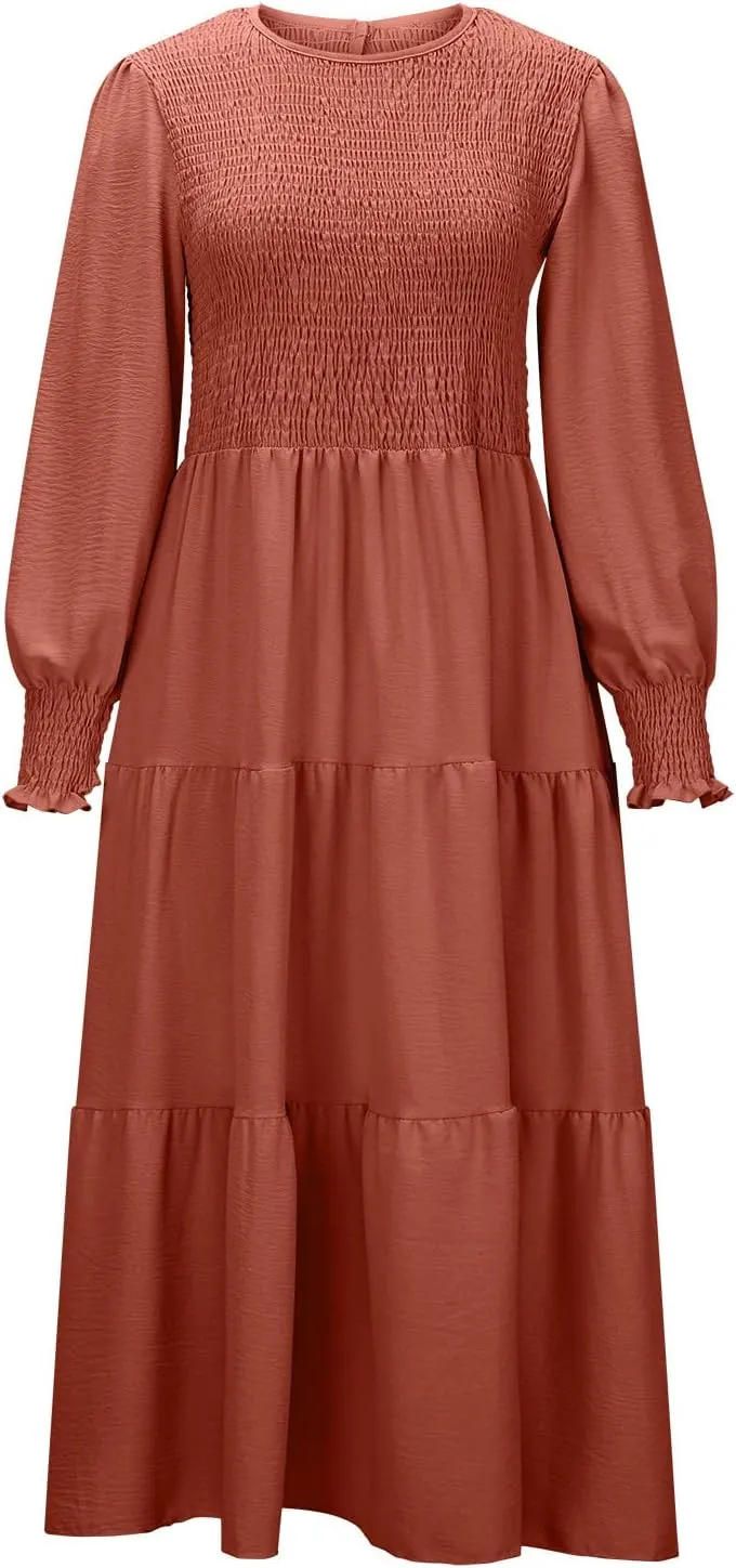 Women's Plus Size Dresses Casual 2024 Pleated a Line Swing Dress Empire Waist Long Sleeve Flowy Holiday Maxi Dresses