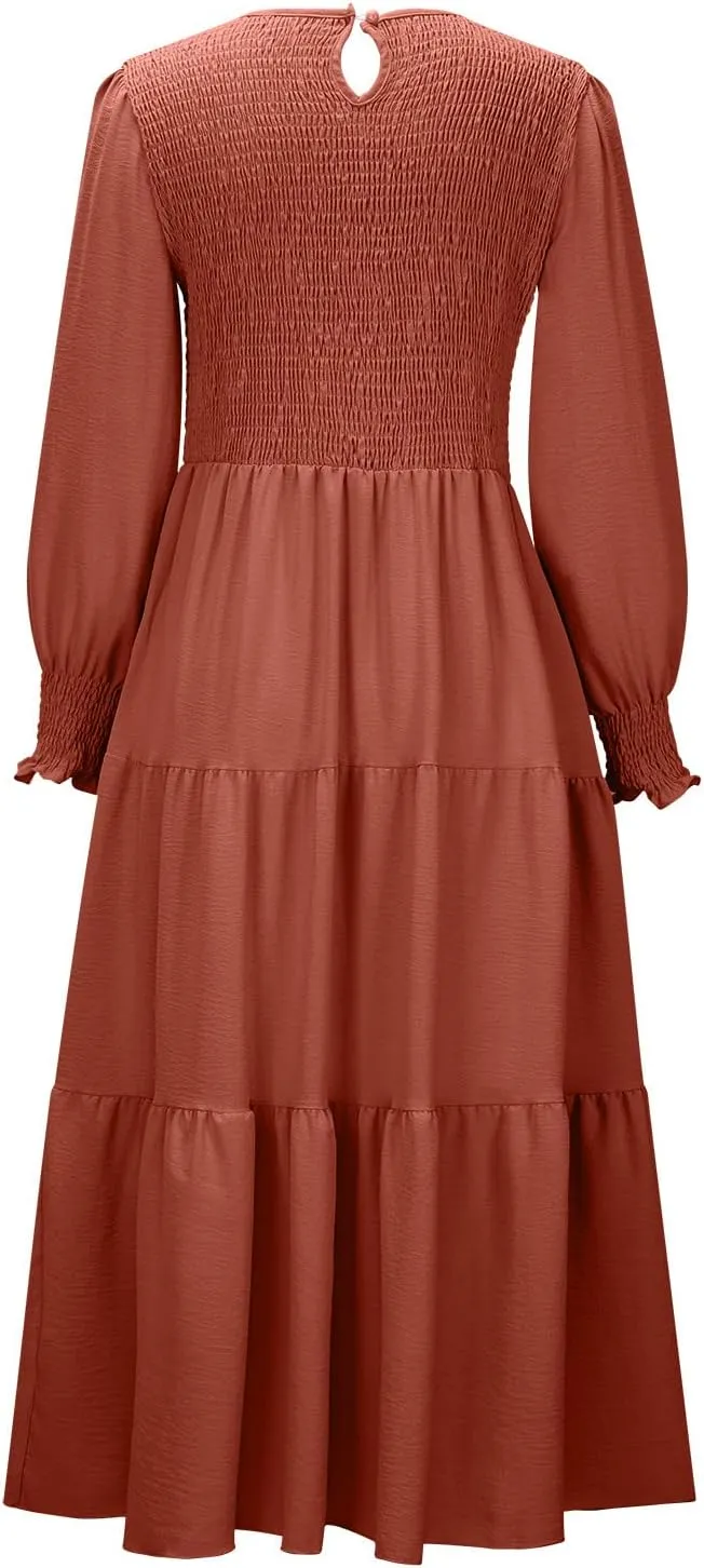 Women's Plus Size Dresses Casual 2024 Pleated a Line Swing Dress Empire Waist Long Sleeve Flowy Holiday Maxi Dresses