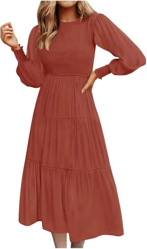 Women's Plus Size Dresses Casual 2024 Pleated a Line Swing Dress Empire Waist Long Sleeve Flowy Holiday Maxi Dresses