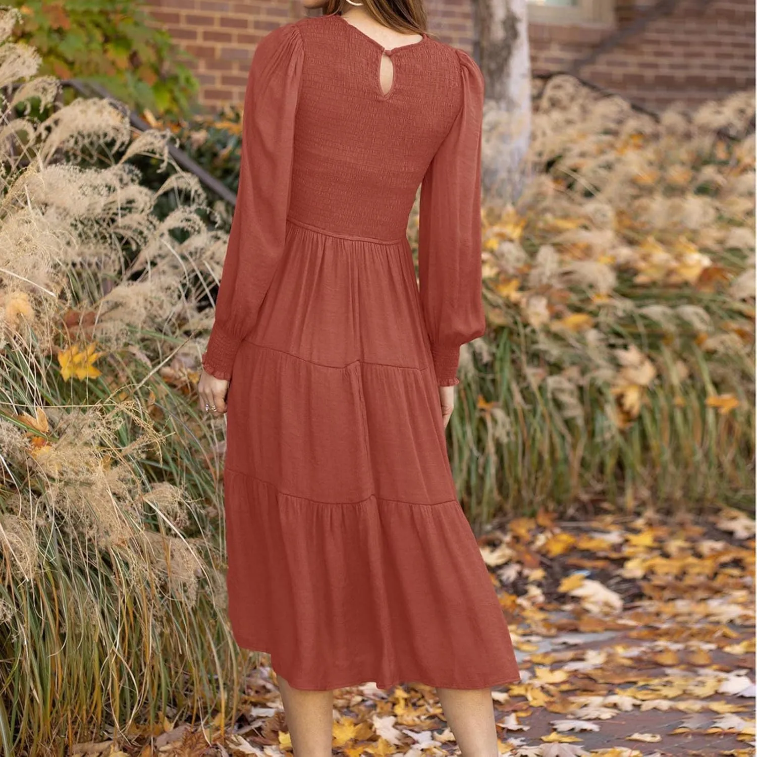 Women's Plus Size Dresses Casual 2024 Pleated a Line Swing Dress Empire Waist Long Sleeve Flowy Holiday Maxi Dresses