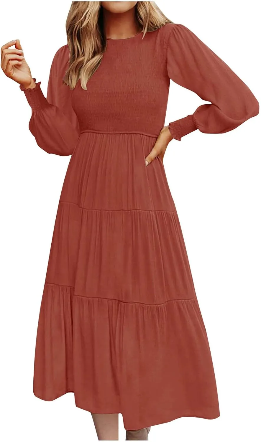 Women's Plus Size Dresses Casual 2024 Pleated a Line Swing Dress Empire Waist Long Sleeve Flowy Holiday Maxi Dresses