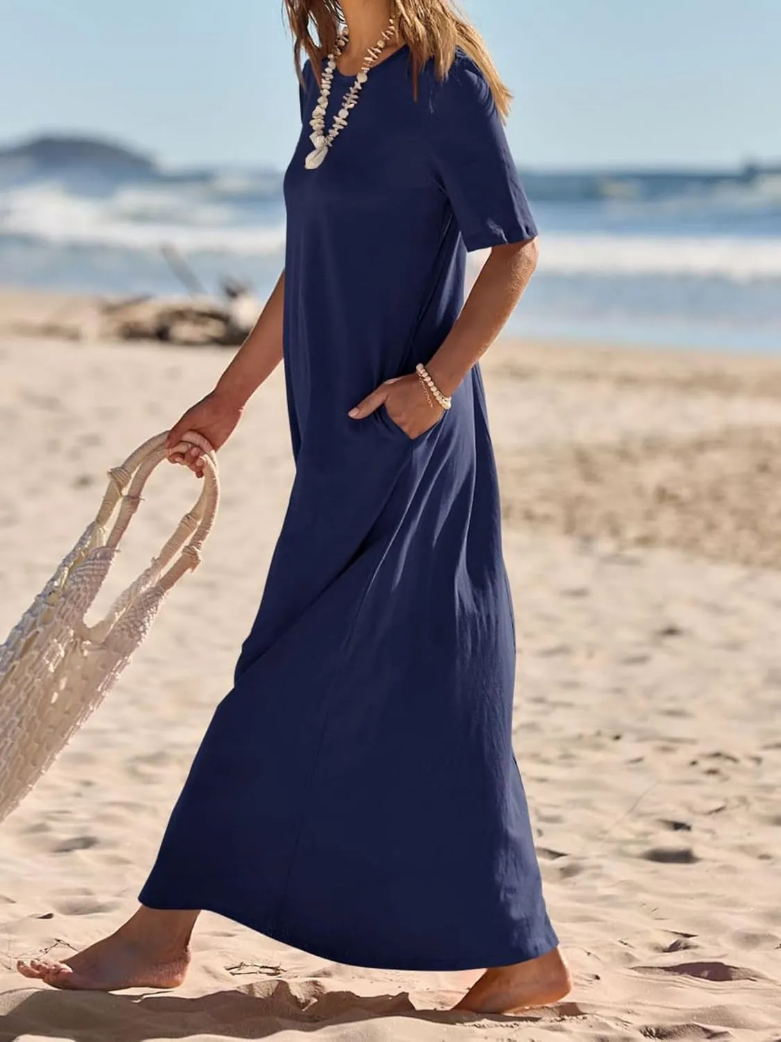 Women's Short Sleeve Split Maxi Dress Crewneck Tshirt Casual Plain Long Dresses Beach Basic Vacation Dresses Pockets