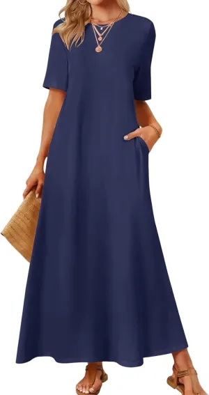 Women's Short Sleeve Split Maxi Dress Crewneck Tshirt Casual Plain Long Dresses Beach Basic Vacation Dresses Pockets