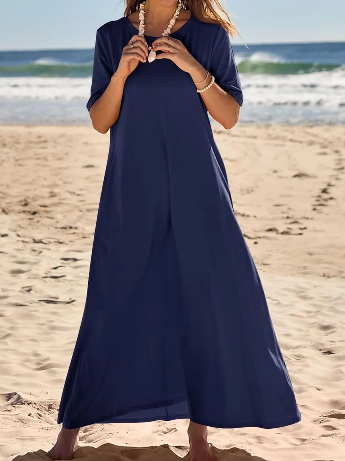 Women's Short Sleeve Split Maxi Dress Crewneck Tshirt Casual Plain Long Dresses Beach Basic Vacation Dresses Pockets