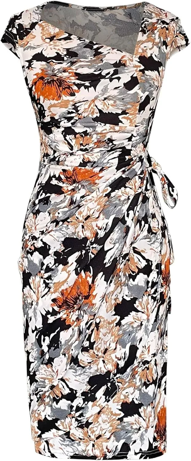 Women's Vintage Cap Sleeves Asymmetrical Neckline Sheath Bodycon Casual Work Cocktail Party Pencil Faux Wrap Dresses