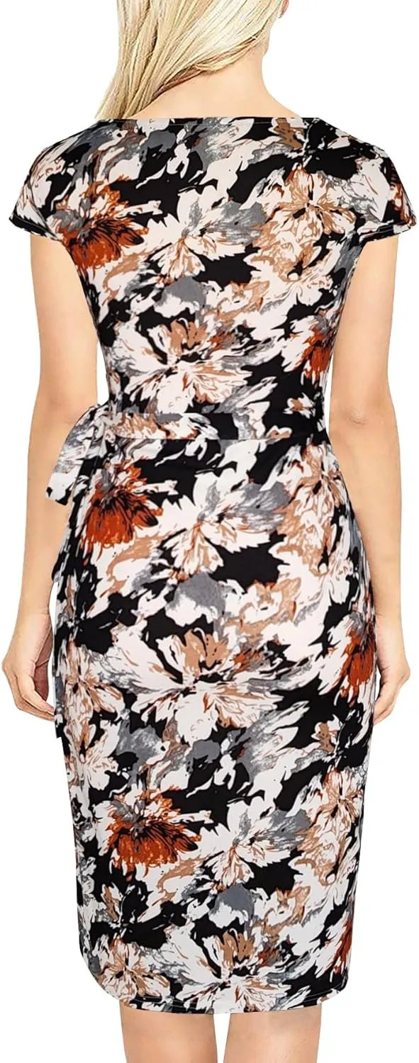 Women's Vintage Cap Sleeves Asymmetrical Neckline Sheath Bodycon Casual Work Cocktail Party Pencil Faux Wrap Dresses