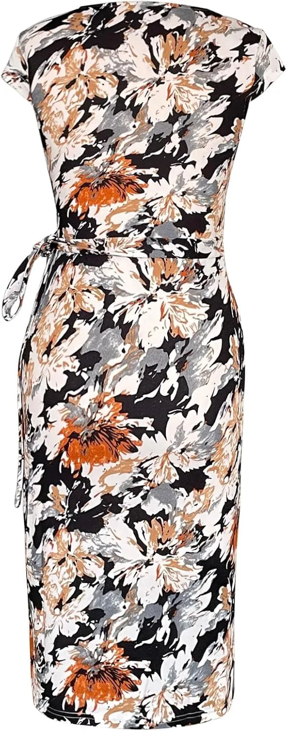 Women's Vintage Cap Sleeves Asymmetrical Neckline Sheath Bodycon Casual Work Cocktail Party Pencil Faux Wrap Dresses