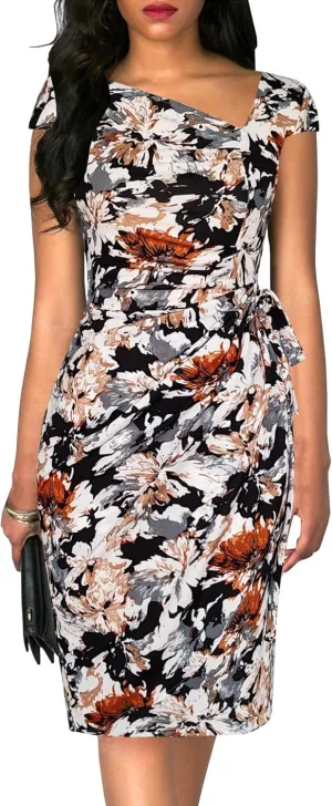 Women's Vintage Cap Sleeves Asymmetrical Neckline Sheath Bodycon Casual Work Cocktail Party Pencil Faux Wrap Dresses