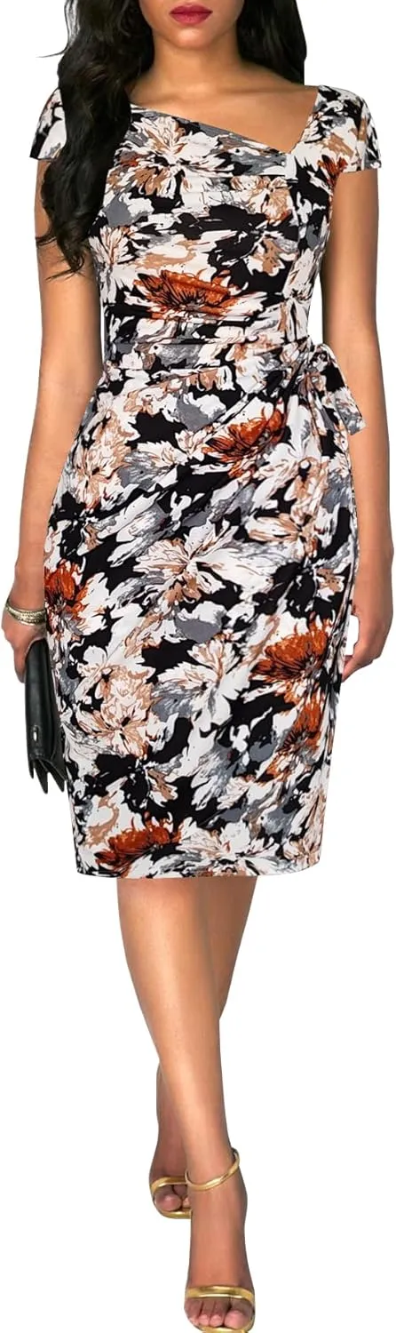 Women's Vintage Cap Sleeves Asymmetrical Neckline Sheath Bodycon Casual Work Cocktail Party Pencil Faux Wrap Dresses