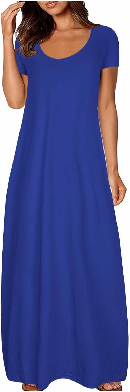 Womens Dress 2024 Fashion Casual Crewneck Solid Flowy Swing Long Tunic Top Dress with Pocket Short Sleeve Maxi Dress