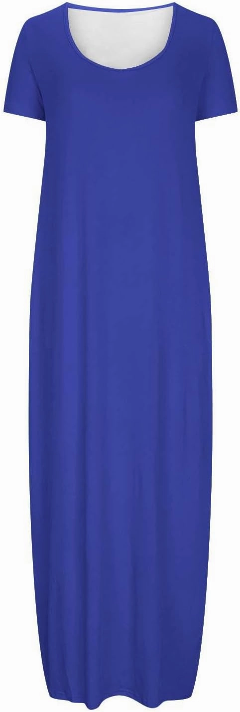Womens Dress 2024 Fashion Casual Crewneck Solid Flowy Swing Long Tunic Top Dress with Pocket Short Sleeve Maxi Dress