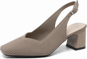 Womens Knit Slingback Low Chunky Block Heel Pumps with Elastic Ankle Strap Comfort Closed Square Toe Block Heel Backless Dress Shoes for Evening Party Bride Wedding