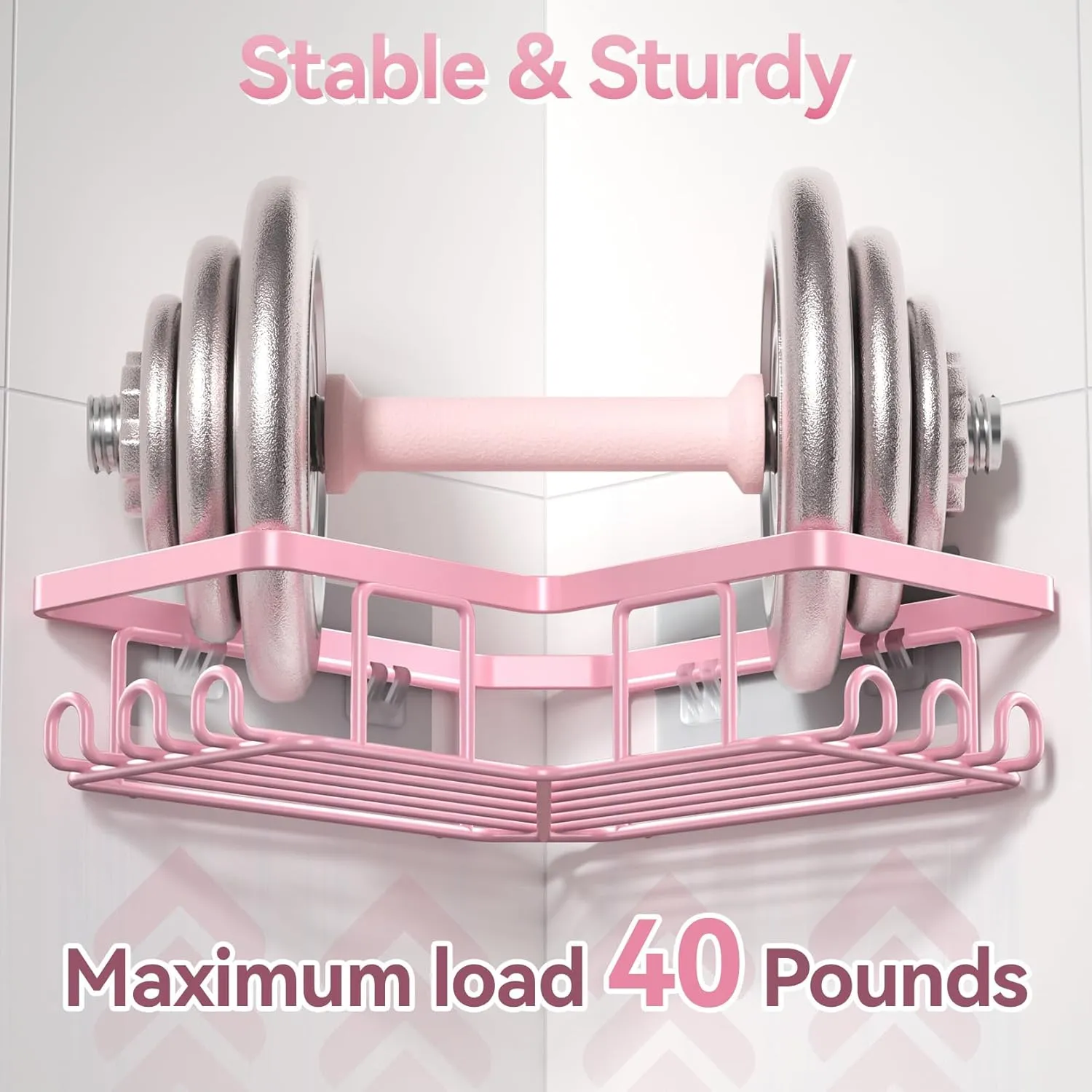 YASONIC Corner Adhesive Shower Caddy, with Soap Holder and 12 Hooks, Rustproof Stainless Steel Bathroom Organizer, No Drilling Wall Mounted Rack, Pink, 3-Pack