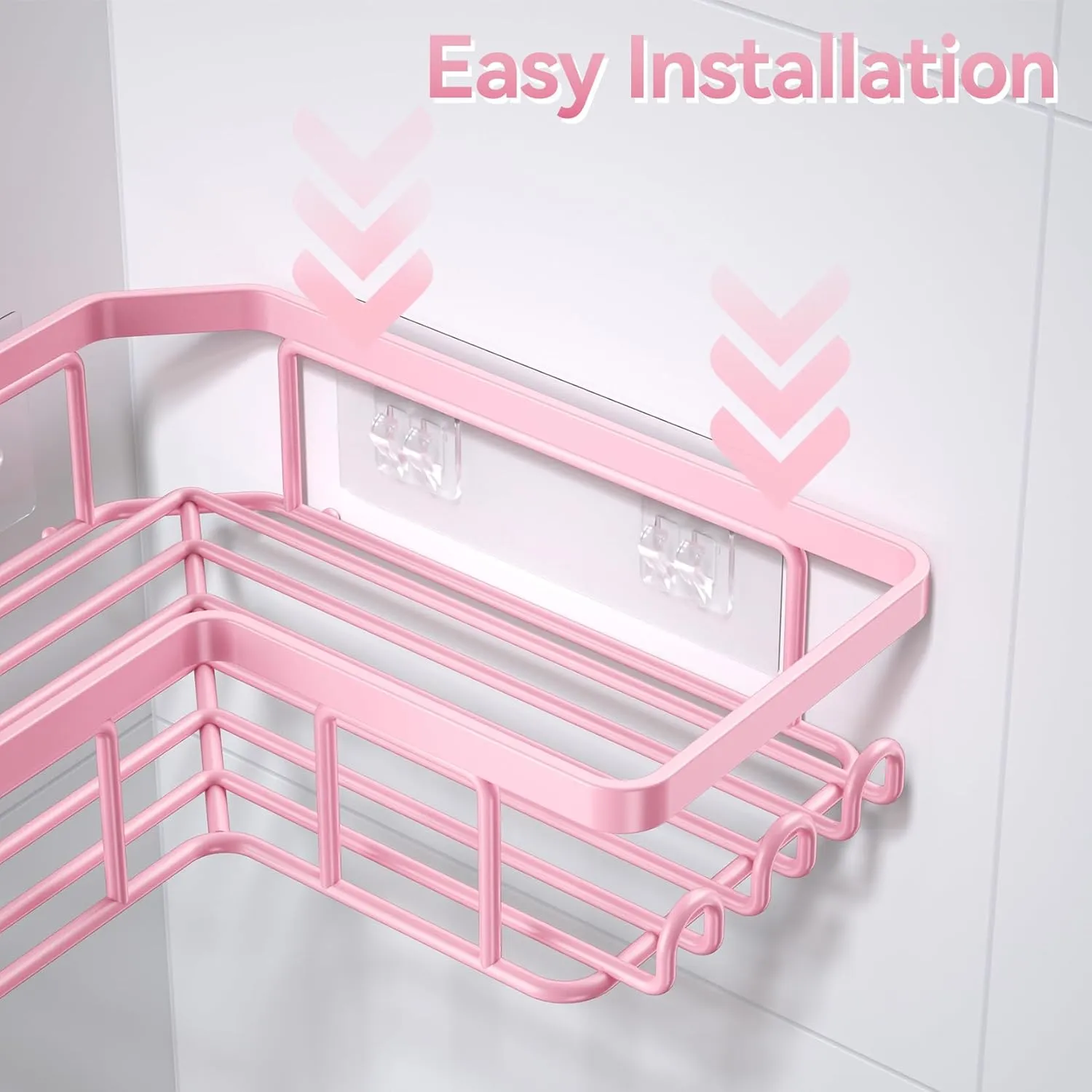 YASONIC Corner Adhesive Shower Caddy, with Soap Holder and 12 Hooks, Rustproof Stainless Steel Bathroom Organizer, No Drilling Wall Mounted Rack, Pink, 3-Pack