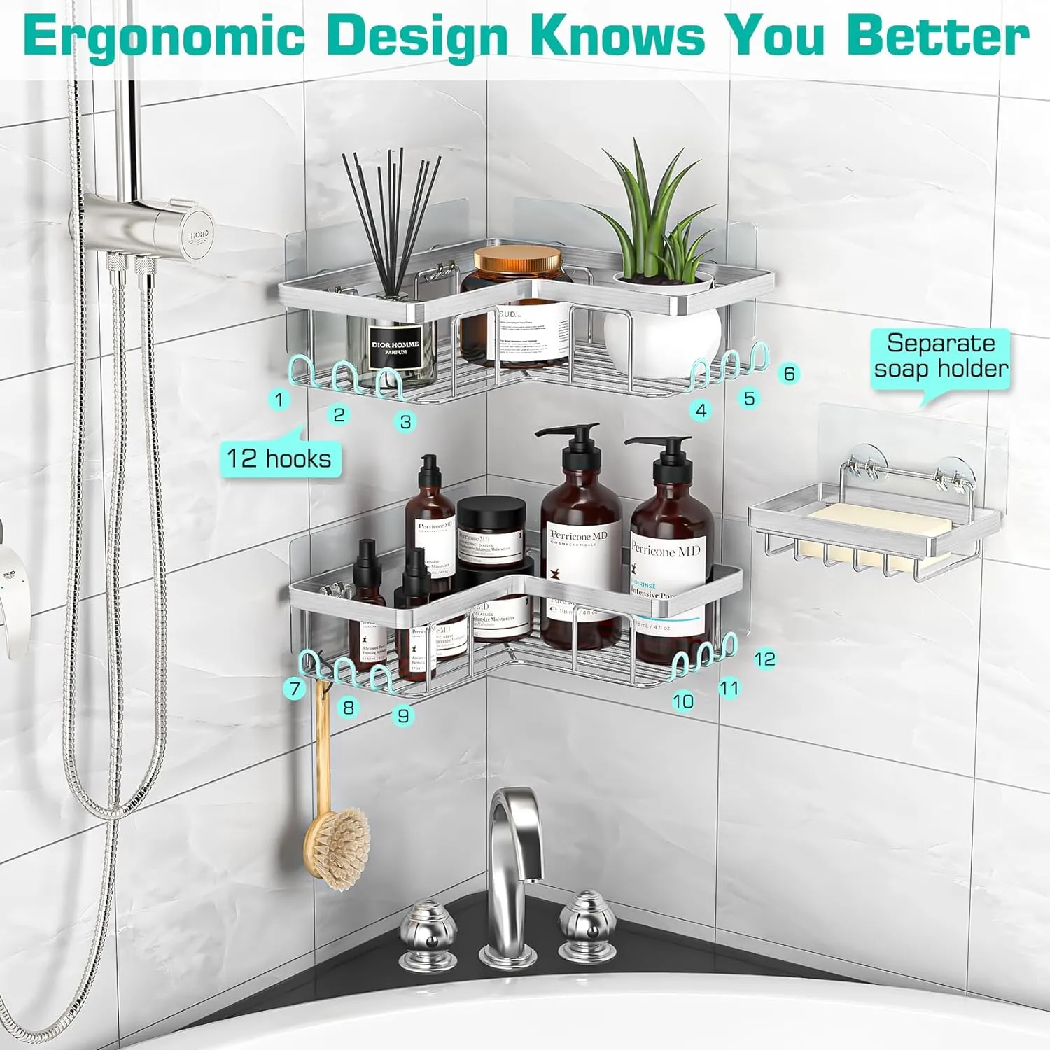 YASONIC Corner Shower Caddy, 3-Pack Adhesive Bathroom Caddy with Soap Holder and 12 Hooks, Rustproof Stainless Steel Shower Organizer, No Drilling Wall Mounted Shower Rack, Brushed Silver