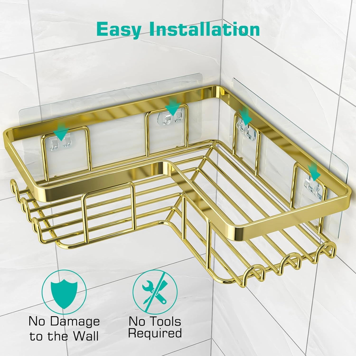 YASONIC Corner Shower Caddy, 3-Pack Adhesive Bathroom Caddy with Soap Holder and 12 Hooks, Rustproof Stainless Steel Shower Organizer, No Drilling Wall Mounted Shower Rack, for Bathroom, Gold