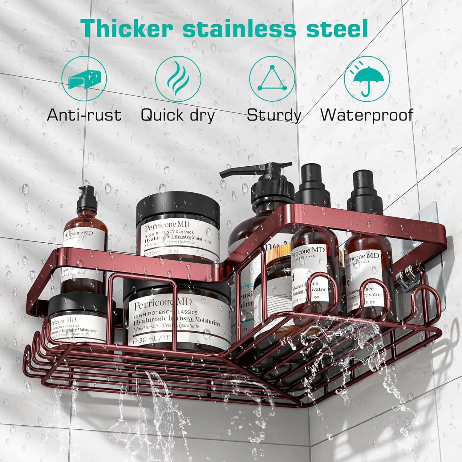 YASONIC Corner Shower Caddy, 3-Pack Adhesive Shower Caddy with Soap Holder and 12 Hooks, Rustproof Stainless Steel, No Drilling Wall Mounted Rack Organizer, for Bathroom, Bronze