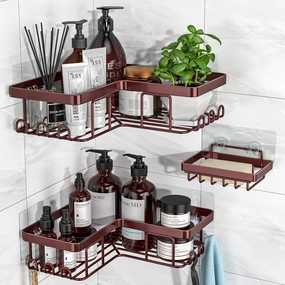 YASONIC Corner Shower Caddy, 3-Pack Adhesive Shower Caddy with Soap Holder and 12 Hooks, Rustproof Stainless Steel, No Drilling Wall Mounted Rack Organizer, for Bathroom, Bronze