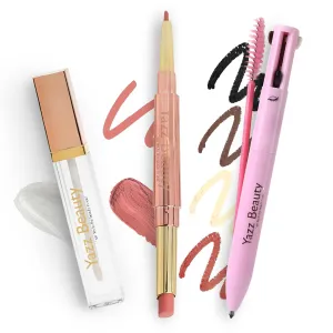 YazzBeauty 2-in-1 Makeup Essentials – Brown Mauve 4-in-1 Touch-Up Pen & Nude 3-in-1 Lip Kit – Eyeliner, Brow Pencil, Lip Liner, Highlighter & Gloss – Smudge-Proof, Compact, Vegan